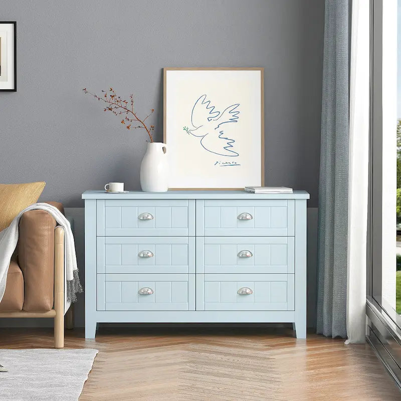 Antique Style 6-Drawer Double Dresser with Retro Shell Handle for Bedroom, Living Room