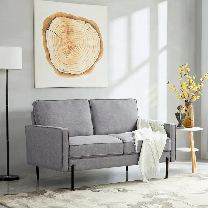  57W Modern Linen Loveseat, 2-Seater, Matte Black Metal Legs
