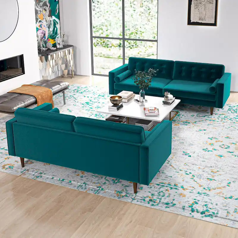 Mid Century Pillow Back Velvet Sofa and Loveseat Set