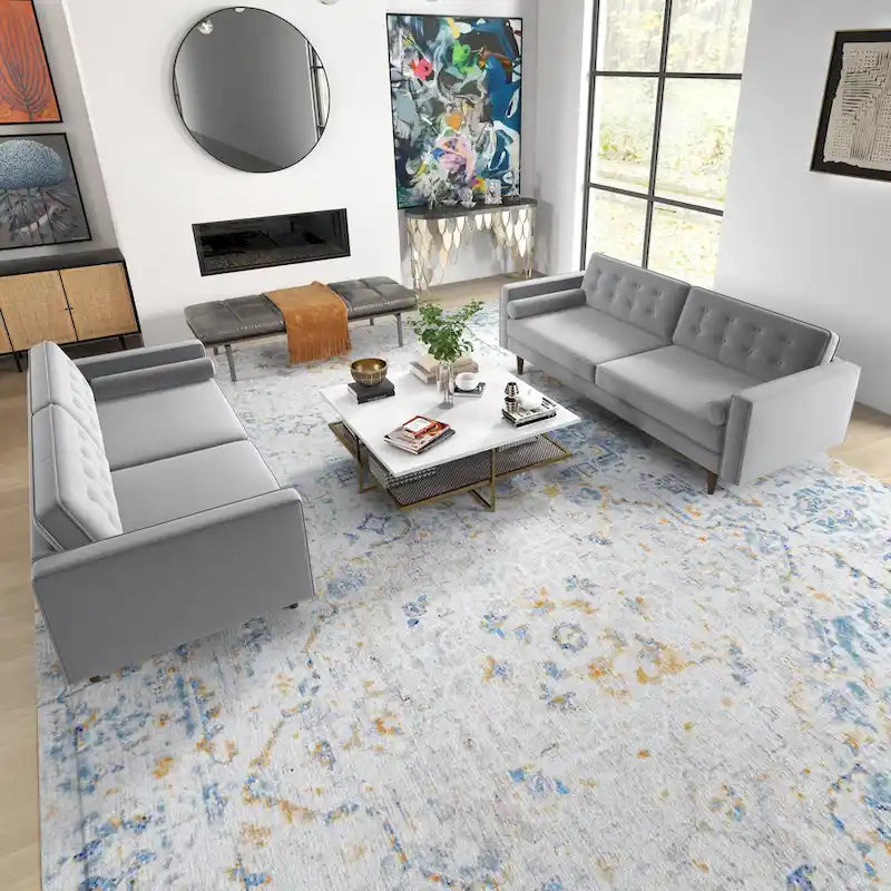 Mid Century Pillow Back Velvet Sofa and Loveseat Set
