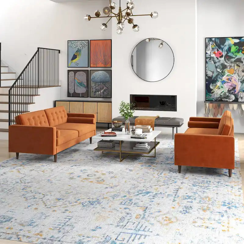 Mid Century Pillow Back Velvet Sofa and Loveseat Set