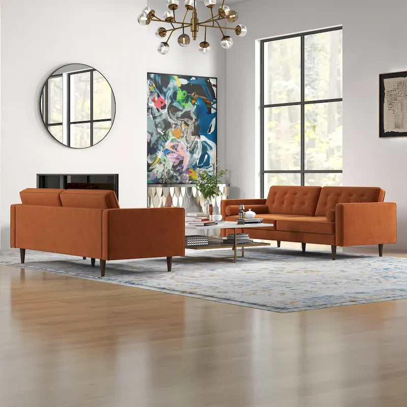 Mid Century Pillow Back Velvet Sofa and Loveseat Set