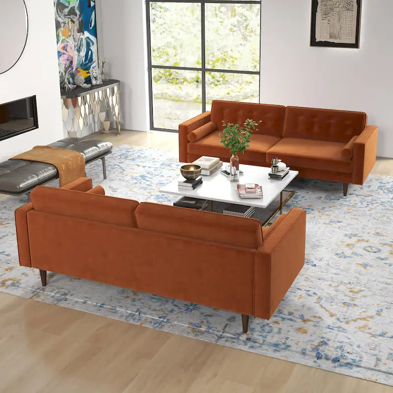 Mid Century Pillow Back Velvet Sofa and Loveseat Set