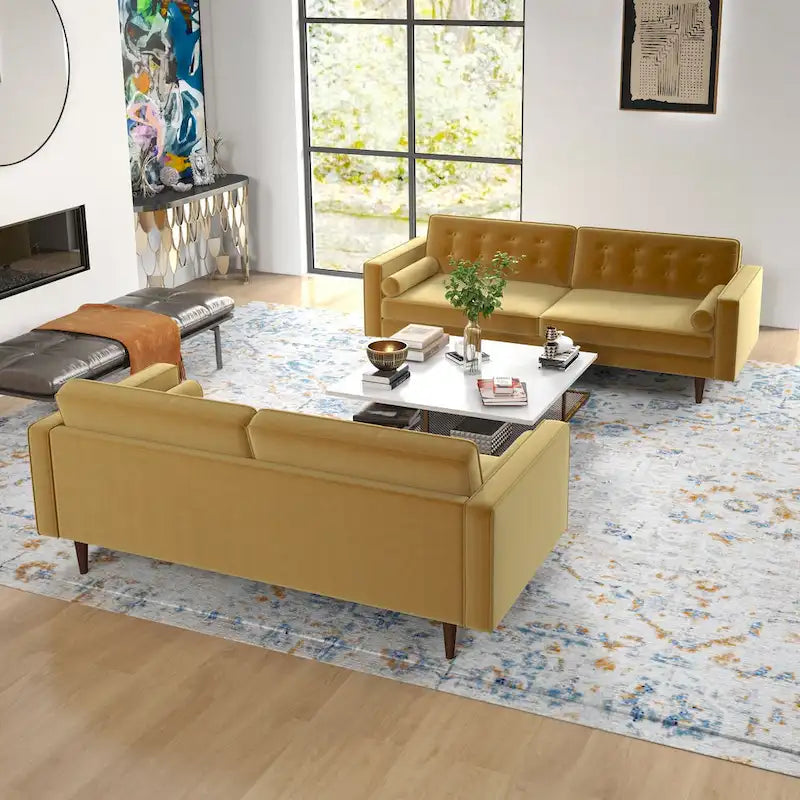 Mid Century Pillow Back Velvet Sofa and Loveseat Set