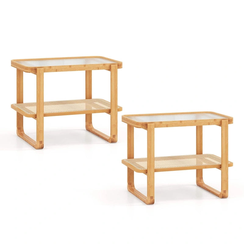 Bamboo Side Table with Rattan Shelf Glass Top Nightstand End Table