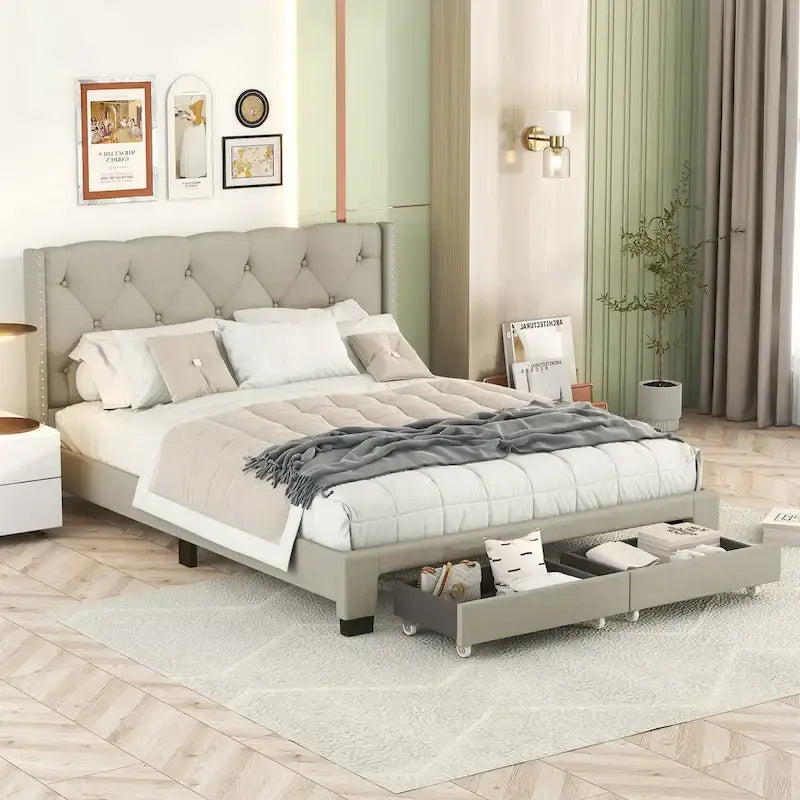 Queen Size Linen Platform Bed with 2 Drawers