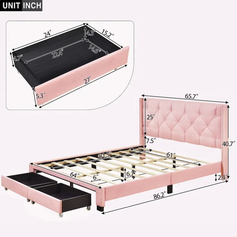 Queen Size Linen Platform Bed with 2 Drawers