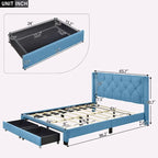 Queen Size Linen Platform Bed with 2 Drawers
