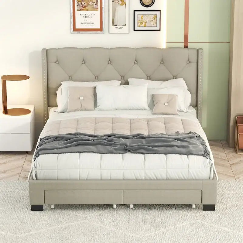 Queen Size Linen Platform Bed with 2 Drawers