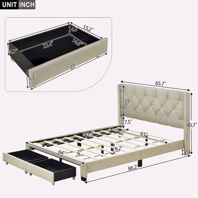 Queen Size Linen Platform Bed with 2 Drawers