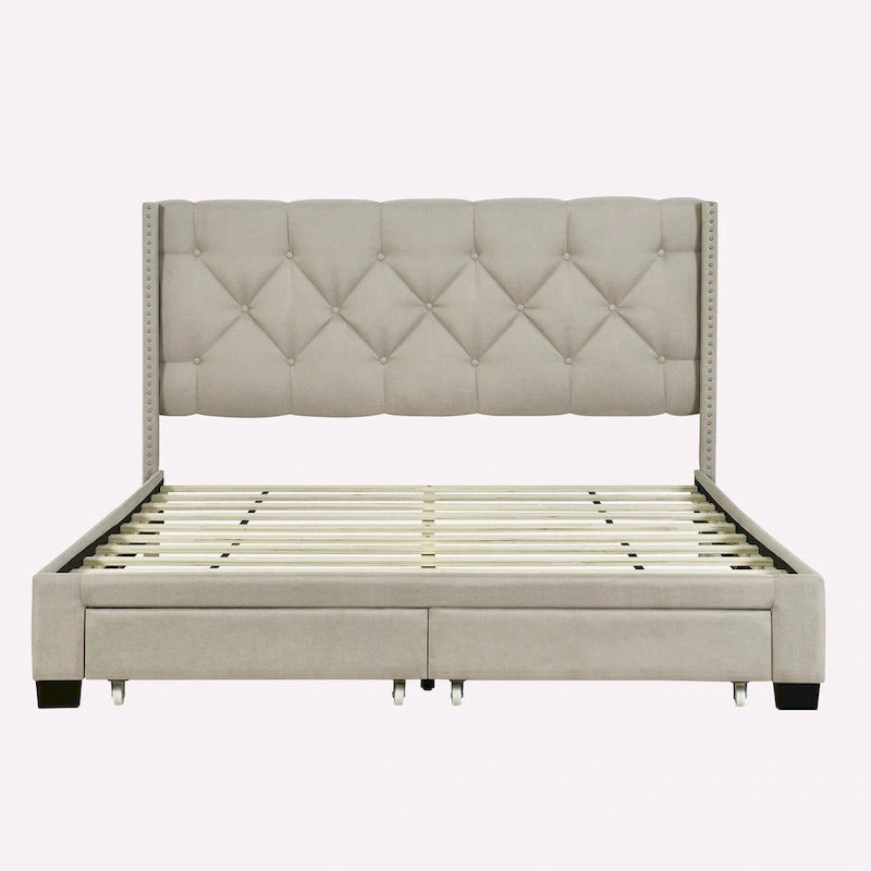 Queen Size Linen Platform Bed with 2 Drawers