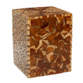 Teak Wood Handmade Square Block Accent Table with Mosaic Wood Chip Design - Brown -  - 14Wx14Lx18H