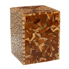 Teak Wood Handmade Square Block Accent Table with Mosaic Wood Chip Design - Brown -  - 14Wx14Lx18H