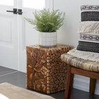 Teak Wood Handmade Square Block Accent Table with Mosaic Wood Chip Design - Brown -  - 14Wx14Lx18H