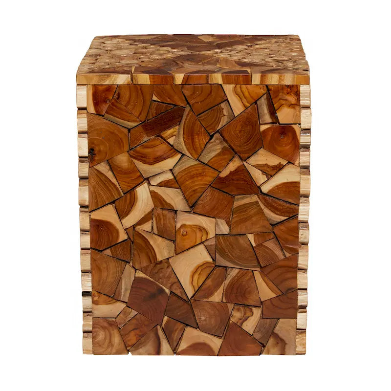 Teak Wood Handmade Square Block Accent Table with Mosaic Wood Chip Design - Brown -  - 14Wx14Lx18H