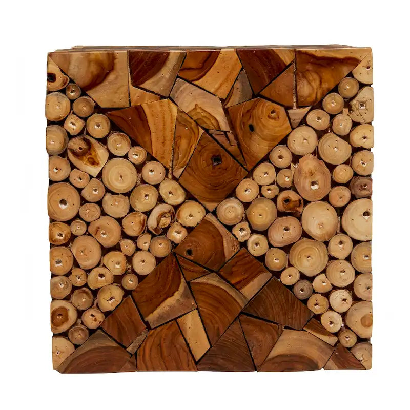 Teak Wood Handmade Square Block Accent Table with Mosaic Wood Chip Design - Brown -  - 14Wx14Lx18H