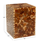 Teak Wood Handmade Square Block Accent Table with Mosaic Wood Chip Design - Brown -  - 14Wx14Lx18H