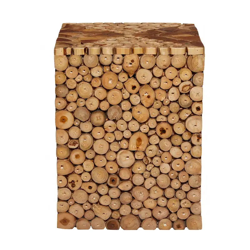 Teak Wood Handmade Square Block Accent Table with Mosaic Wood Chip Design - Brown -  - 14Wx14Lx18H