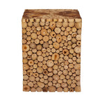 Teak Wood Handmade Square Block Accent Table with Mosaic Wood Chip Design - Brown -  - 14Wx14Lx18H