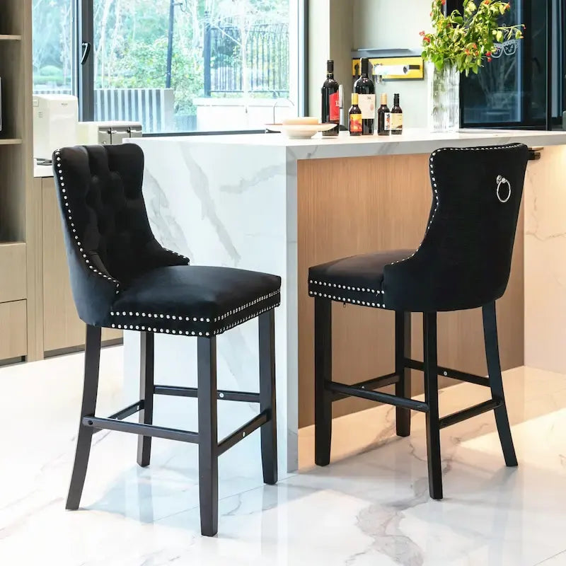 Contemporary Velvet Upholstered Barstools with Button Tufted Decoration and Wooden Legs, and Chrome Nailhead Trim, Set of 2