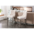 Contemporary Velvet Upholstered Barstools with Button Tufted Decoration and Wooden Legs, and Chrome Nailhead Trim, Set of 2