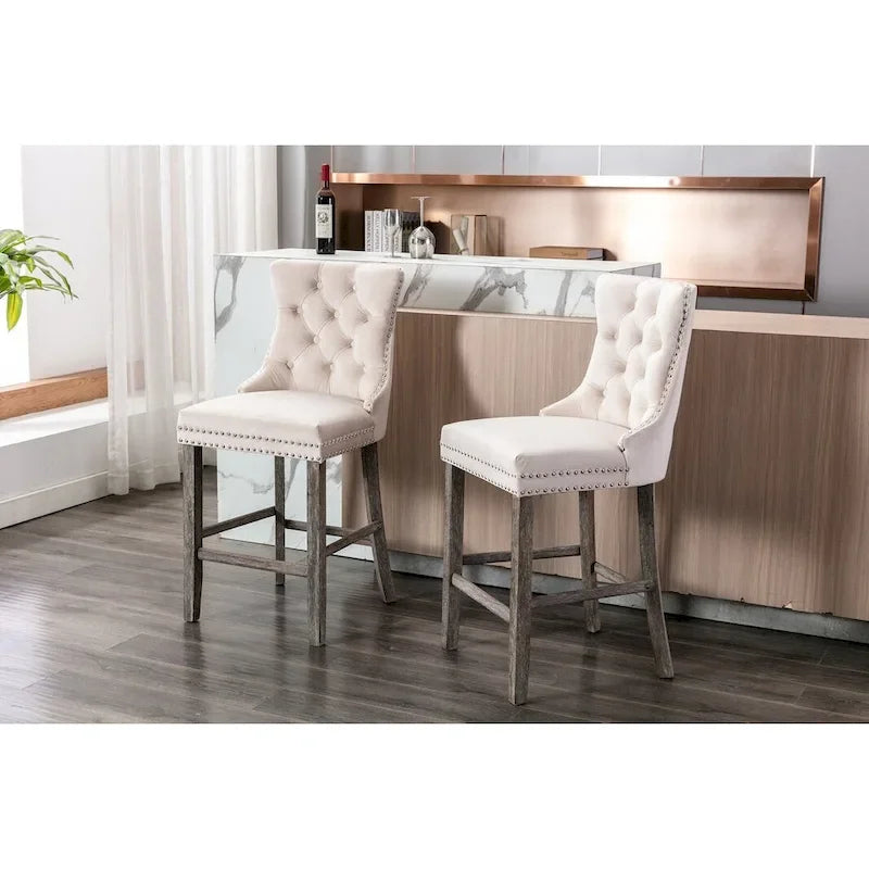 Contemporary Velvet Upholstered Barstools with Button Tufted Decoration and Wooden Legs, and Chrome Nailhead Trim, Set of 2