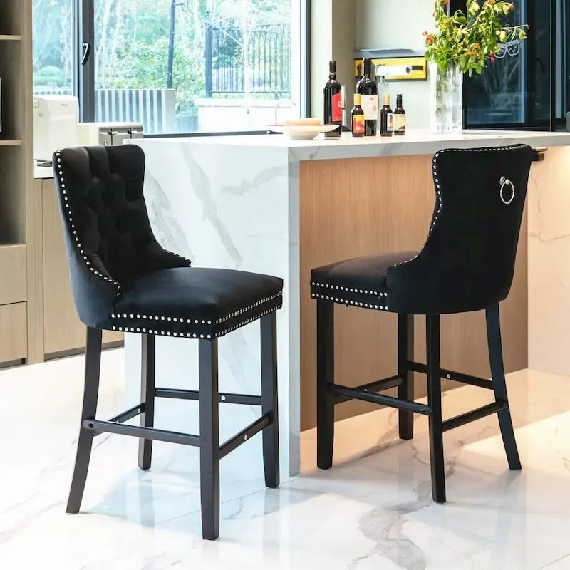 Contemporary Velvet Upholstered Barstools with Button Tufted Decoration and Wooden Legs, and Chrome Nailhead Trim, Set of 2