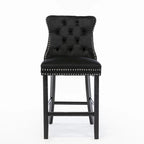 Contemporary Velvet Upholstered Barstools with Button Tufted Decoration and Wooden Legs, and Chrome Nailhead Trim, Set of 2