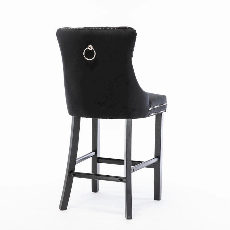Contemporary Velvet Upholstered Barstools with Button Tufted Decoration and Wooden Legs, and Chrome Nailhead Trim, Set of 2