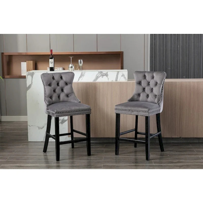 Contemporary Velvet Upholstered Barstools with Button Tufted Decoration and Wooden Legs, and Chrome Nailhead Trim, Set of 2