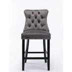 Contemporary Velvet Upholstered Barstools with Button Tufted Decoration and Wooden Legs, and Chrome Nailhead Trim, Set of 2