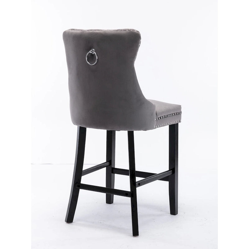 Contemporary Velvet Upholstered Barstools with Button Tufted Decoration and Wooden Legs, and Chrome Nailhead Trim, Set of 2
