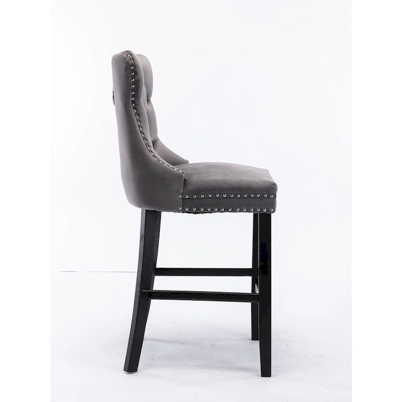 Contemporary Velvet Upholstered Barstools with Button Tufted Decoration and Wooden Legs, and Chrome Nailhead Trim, Set of 2