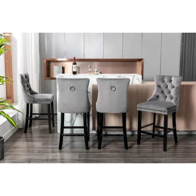 Contemporary Velvet Upholstered Barstools with Button Tufted Decoration and Wooden Legs, and Chrome Nailhead Trim, Set of 2