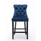 Contemporary Velvet Upholstered Barstools with Button Tufted Decoration and Wooden Legs, and Chrome Nailhead Trim, Set of 2
