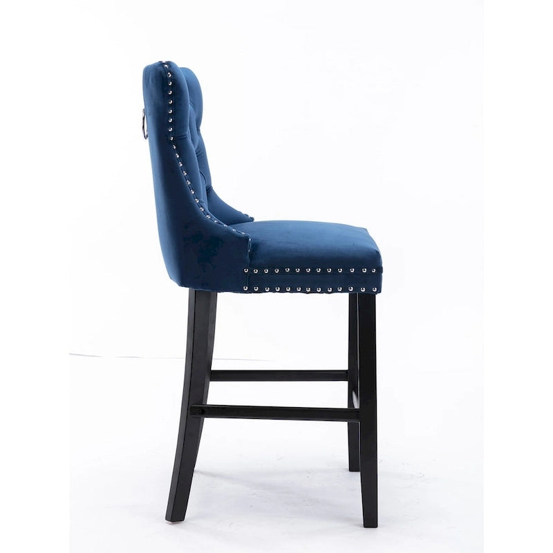 Contemporary Velvet Upholstered Barstools with Button Tufted Decoration and Wooden Legs, and Chrome Nailhead Trim, Set of 2