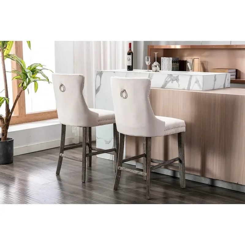 Contemporary Velvet Upholstered Barstools with Button Tufted Decoration and Wooden Legs, and Chrome Nailhead Trim, Set of 2