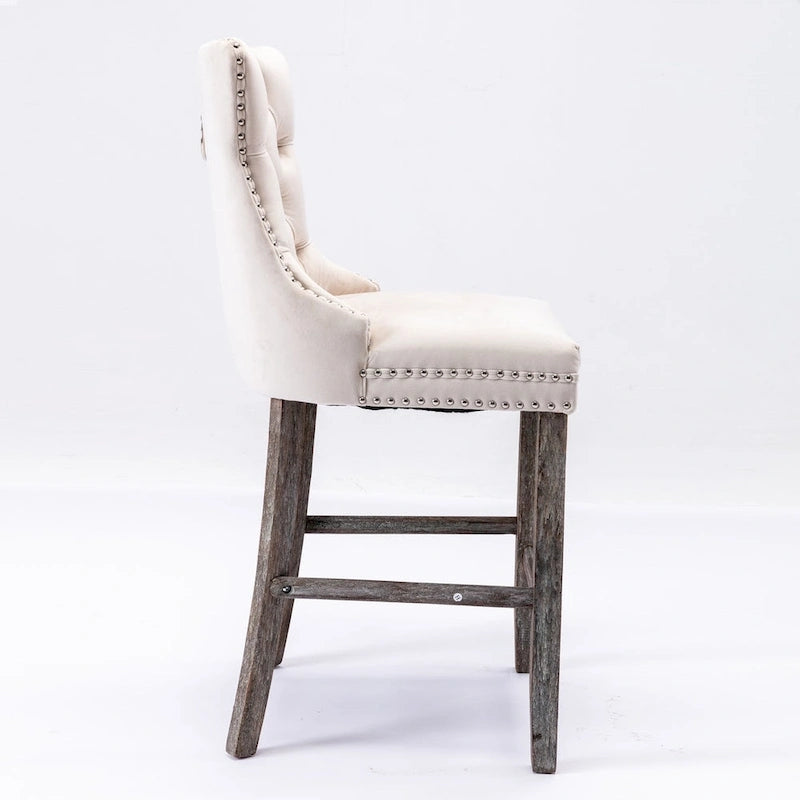 Contemporary Velvet Upholstered Barstools with Button Tufted Decoration and Wooden Legs, and Chrome Nailhead Trim, Set of 2