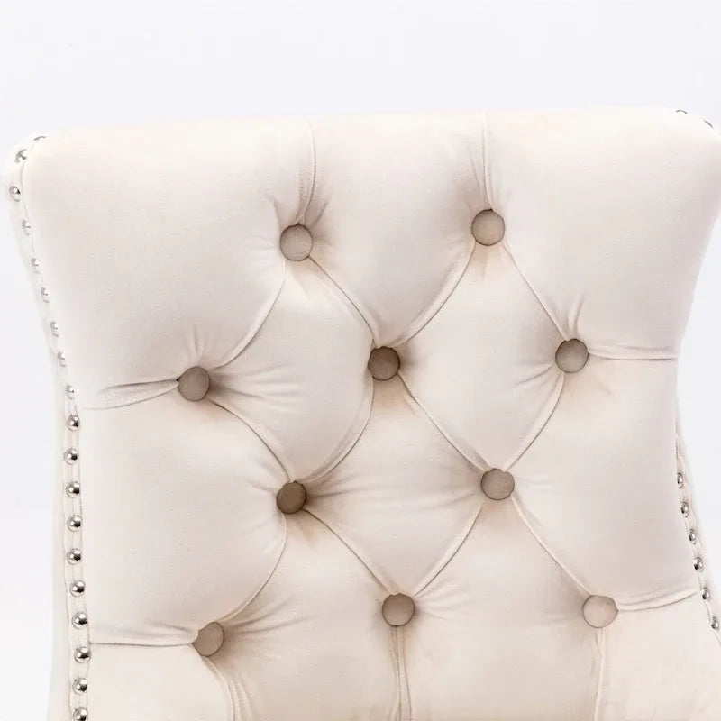 Contemporary Velvet Upholstered Barstools with Button Tufted Decoration and Wooden Legs, and Chrome Nailhead Trim, Set of 2