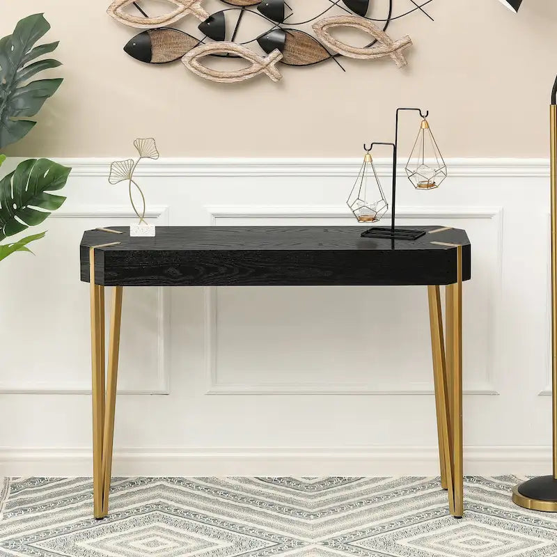 Black Wood and Gold Metal Console and Entry Table - 30.25 H x 42 W
