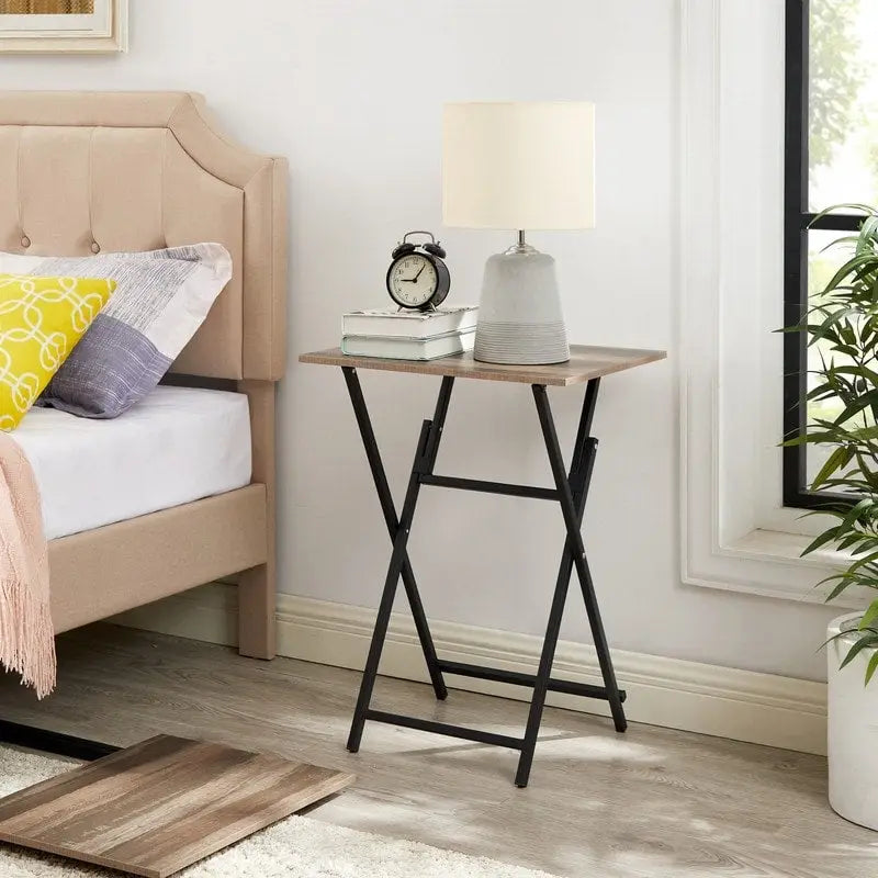 2-Piece Folding TV Tray Table Noassembly Required Portable Sofa Side Table,Snack Table for Small Spaces, Rustic Brown and Black