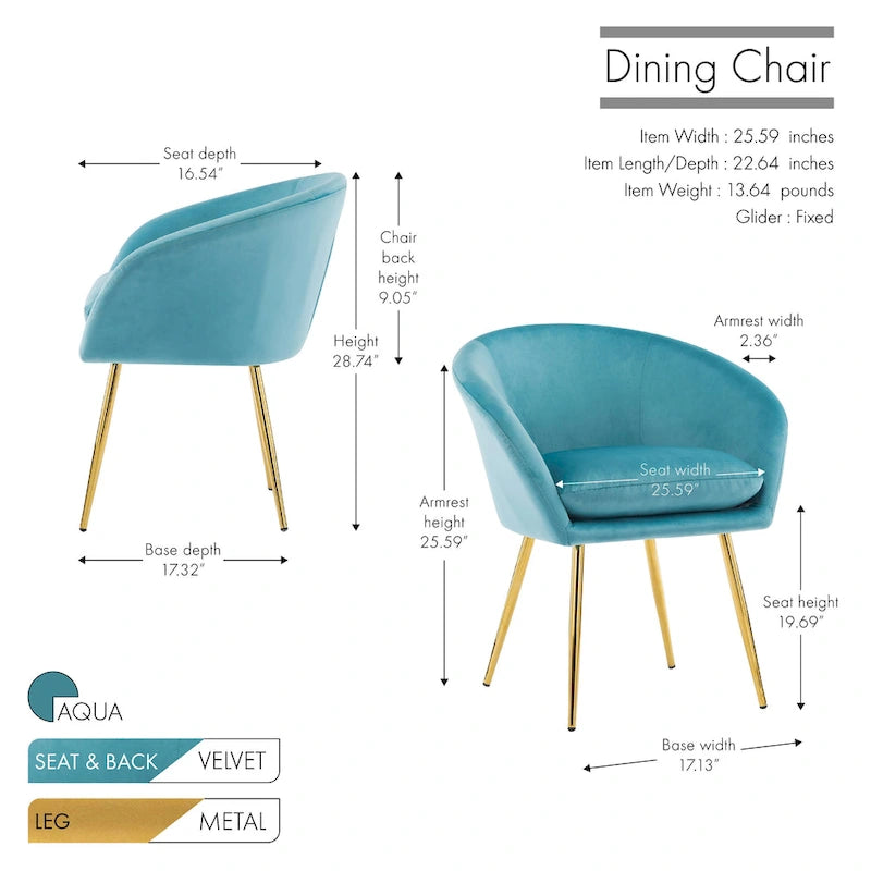 Lakia Dining Chairs, Velvet Upholstery, Gold Metal Legs