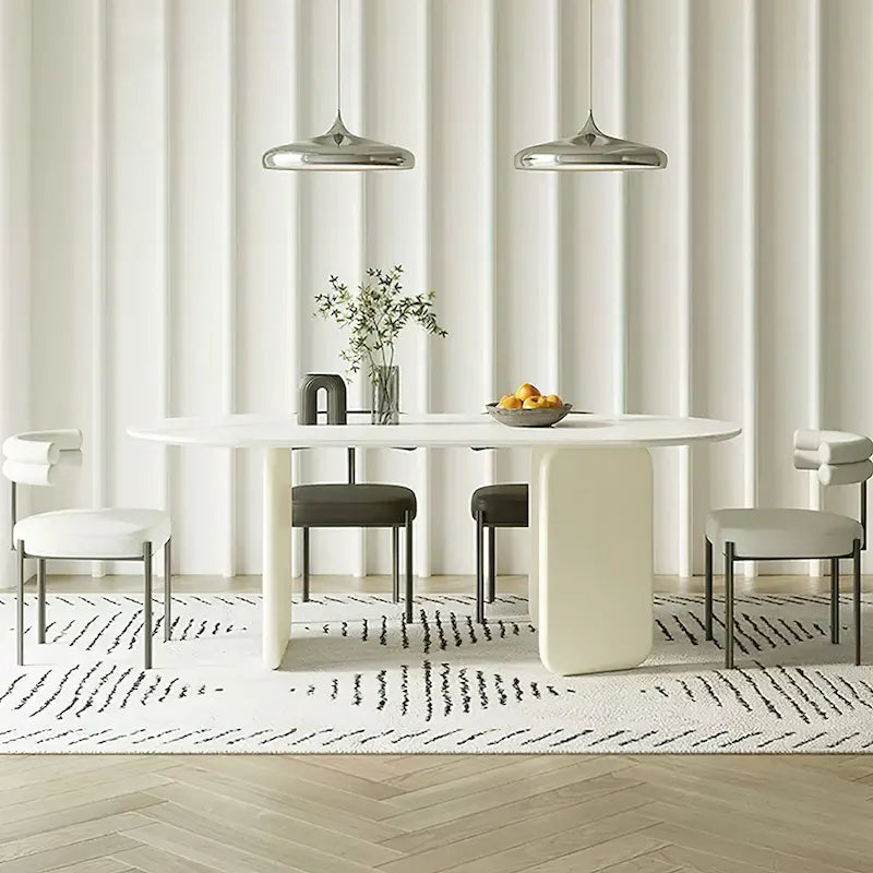 Modern Cream Faux Marble Oval Dining Table with Unique 3-Leg Base