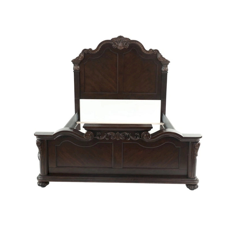 Splendidly Carved Queen Wooden Bed, Dark Walnut And Veneer Finish
