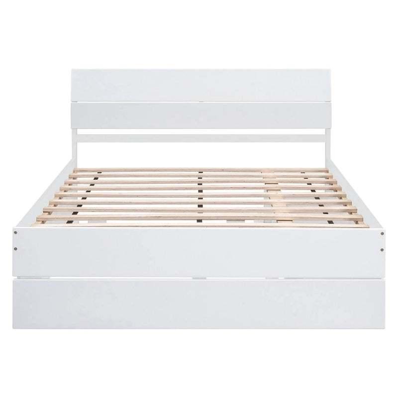 Modern Full Bed Frame With Twin Size Trundle And 2 Drawers