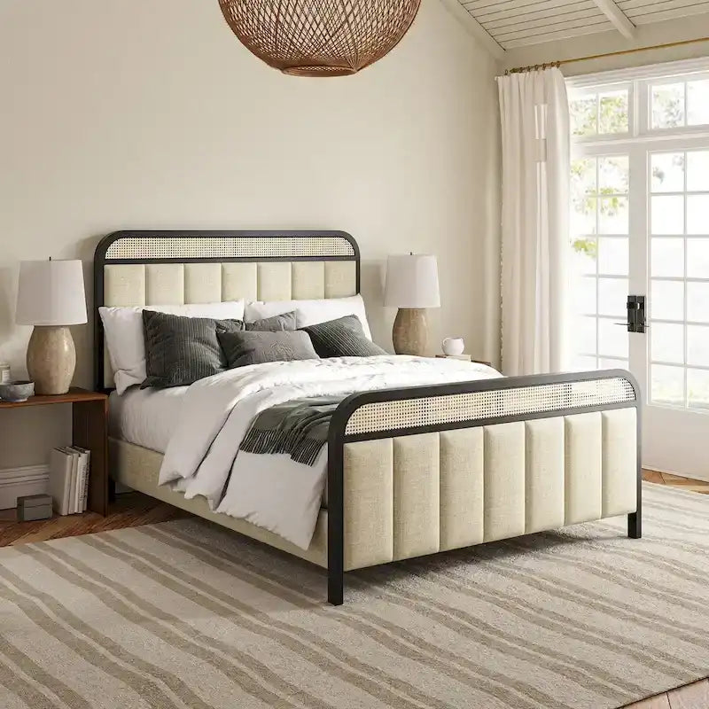 Alphons Modern Solid Wood Frame Ratten Bed with LED Headboard by
