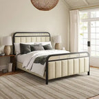 Alphons Modern Solid Wood Frame Ratten Bed with LED Headboard by