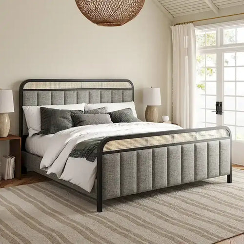 Alphons Modern Solid Wood Frame Ratten Bed with LED Headboard by 