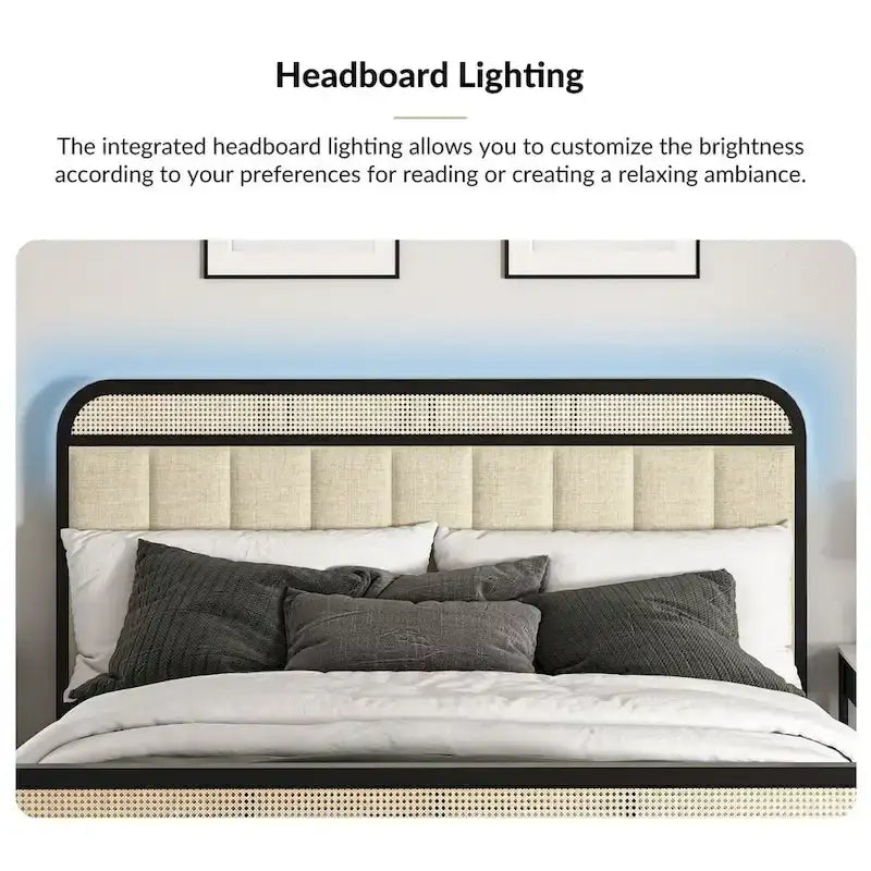Alphons Modern Solid Wood Frame Ratten Bed with LED Headboard by