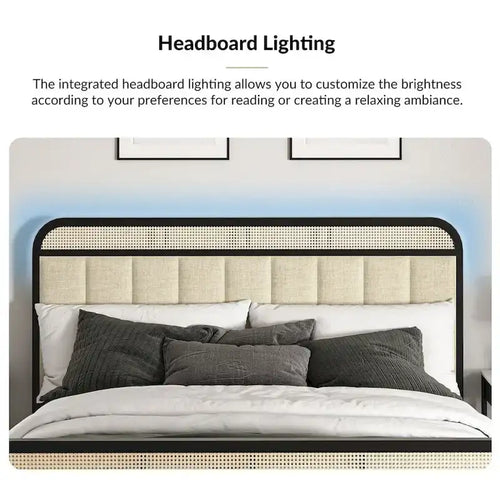 Alphons Modern Solid Wood Frame Ratten Bed with LED Headboard by